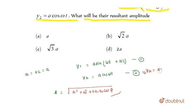 Two waves are represented byy_(1)= a sin (omega t + ( pi)/(6)) and y_(2) = a cos omega t .What w... смотреть онлайн