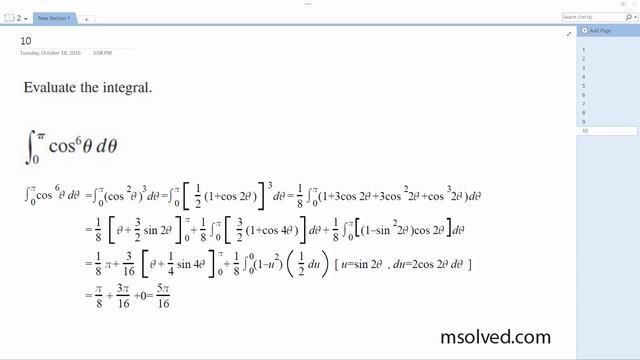 Evaluate the integral cos^6 theta d(theta) from theta=0 to pi смотреть онлайн