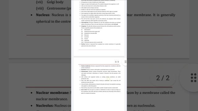 Class 8th Notes Of Chapter 8 Cell : Structure And Functions
