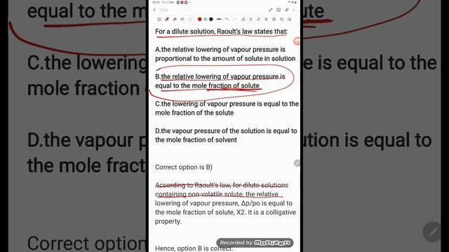 For A Dilute Solution, Raoult's Law States That: