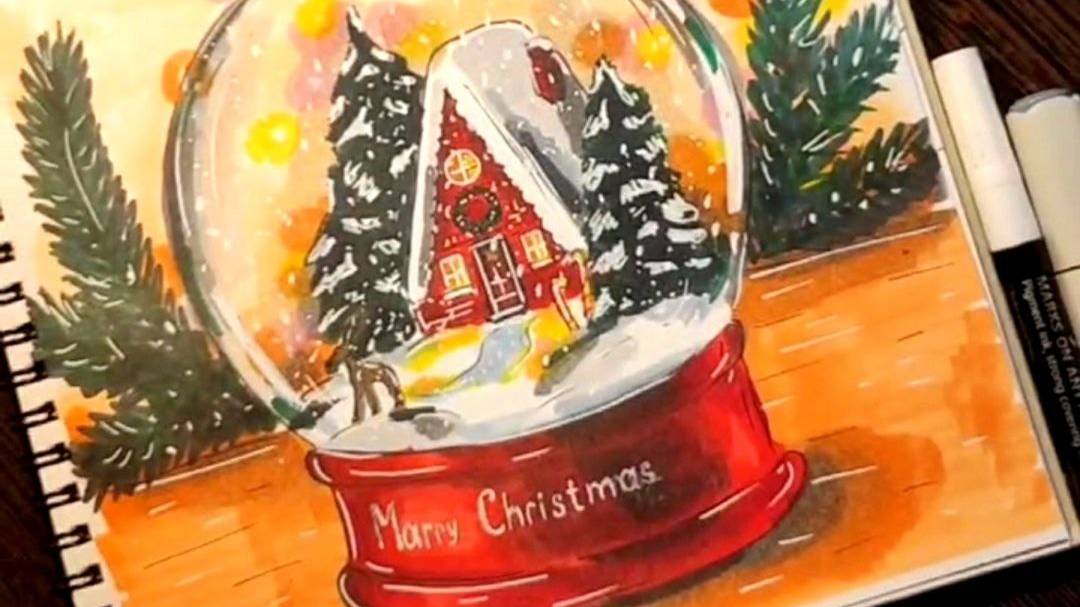 Как нарисовать новогодний стеклянный шар маркерами урок №1 смотреть онлайн