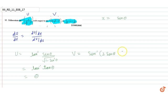 Differentiate `tan^(-1)(x/(sqrt(1-x^2)))` with respect to `sin^(-1)(2xsqrt(1-x^2)),` if `1/(sqrt... смотреть онлайн