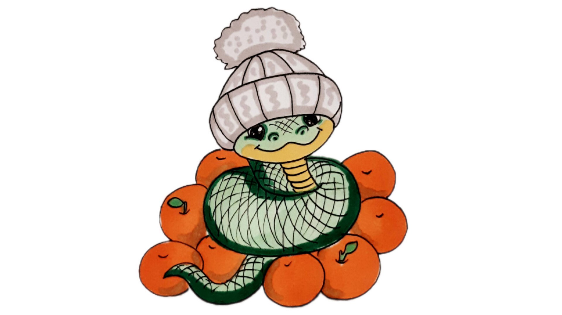 Как нарисовать новогоднюю ЗМЕЙКУ с апельсинами, рисунки для срисовки, символ 2025 года смотреть онлайн