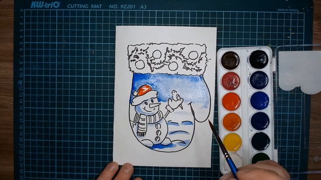 Новогодняя открытка со снеговиком | #рисуемсалексеемникулиным, #waxcrayons, #watercolour #акварель