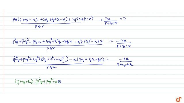 The solution of equation `(p+q-x)/r+(q+r-x)/p+(r+p-x)/q+(3x)/(p+q+r)=0` is смотреть онлайн
