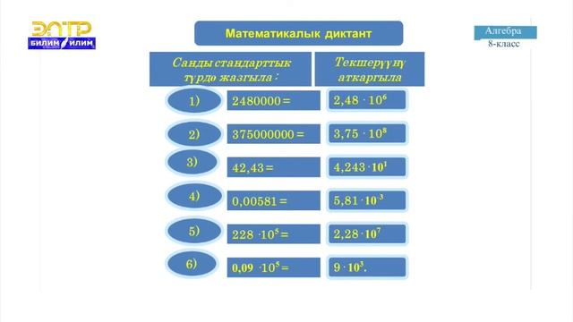 8-класс | Алгебра | Сандын стандарттык түрү смотреть онлайн