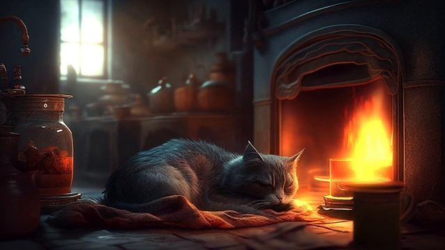 Sleep with a purring cat and a crackling fireplace. Relax in a cozy, pleasant and warm environment. смотреть онлайн