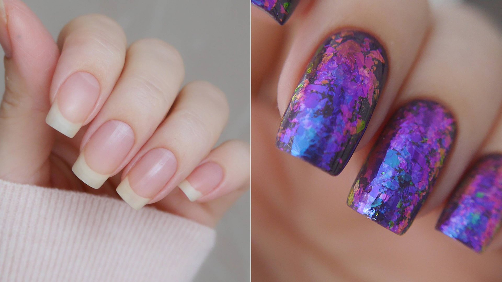 Космический маникюр, хлопья юки (обычный лак)