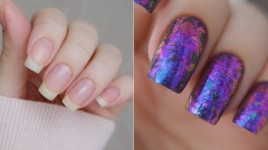 Космический маникюр, хлопья юки (обычный лак)