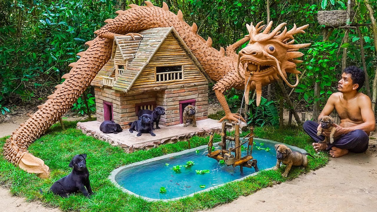 Спасение 3 щенков из глубокой ямы: строительство домика для собак из кирпичей и пруда для рыб. смотреть онлайн