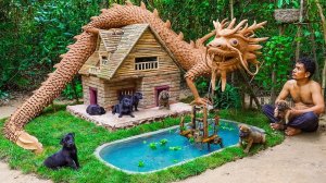 Спасение 3 щенков из глубокой ямы: строительство домика для собак из кирпичей и пруда для рыб.