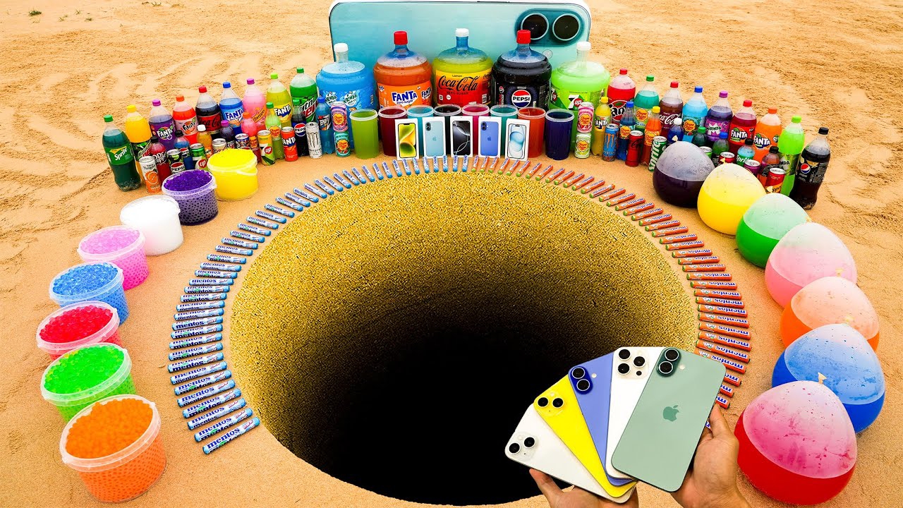 ЭКСПЕРИМЕНТ: iPhone 16, iPhone 15 и iPhone 14, гигантская Coca Cola, Fanta, Pepsi и Mentos смотреть онлайн