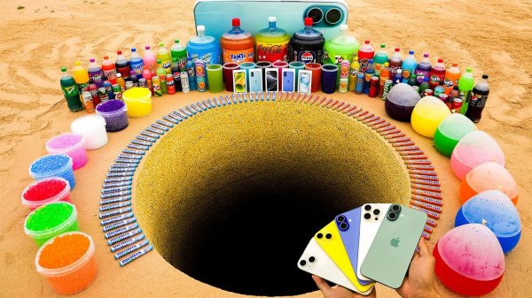 ЭКСПЕРИМЕНТ: iPhone 16, iPhone 15 и iPhone 14, гигантская Coca Cola, Fanta, Pepsi и Mentos
