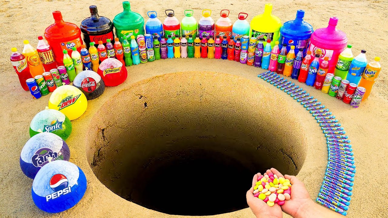 Эксперимент: Шары из Fanta, Pepsi, Sprite, Mtn Dew, газированных напитков, Coca-Cola против Mentos