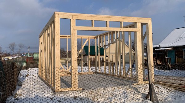 возводим стены каркасного гаража размером 5 метров на 7 метров с высотой потолков 3.2 метра