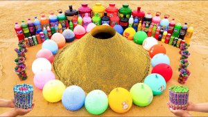 Большое подземное вулканическое извержение из гигантских шаров Orbeez, Fanta, Mirinda, Coca-Cola