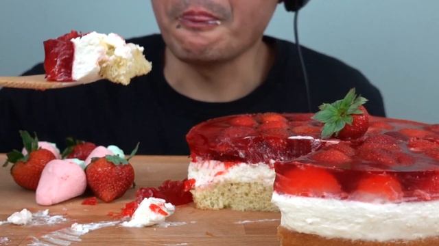 ASMR | Homemade Strawberry Jello Cheesecake Cake | The Hangry Mole смотреть онлайн