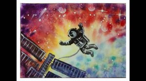 Как нарисовать космос и космонавта легко.  Поэтапный рисунок акварелью для начинающих.