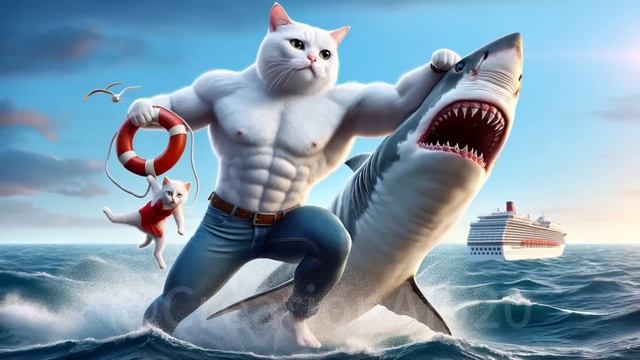 Daddy Fights Shark To Save A Kitten 🐈👊🦈#cat #cutecat #aicat
