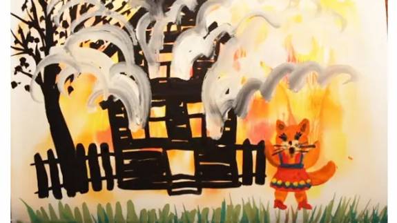 Как нарисовать пожар. "Пожар в кошкином доме". Видео урок рисования гуашью для начинающих. смотреть онлайн