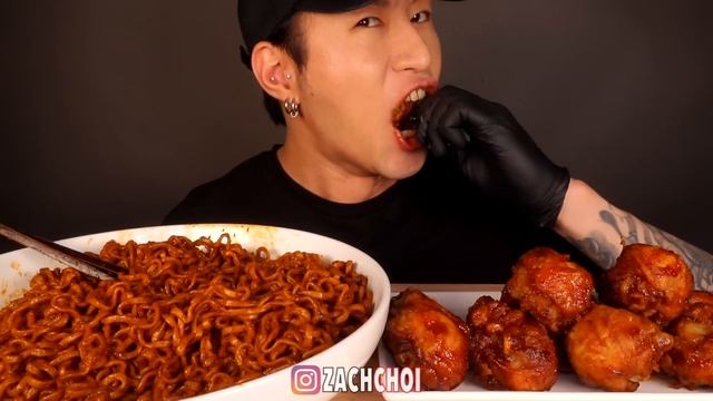ASMR BLACK BEAN FIRE NOODLES & BBQ CHICKEN MUKBANG (No Talking) EATING SOUNDS | Zach Choi ASMR
