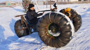 Вездеход из мотоблока зимой на метровый бугор