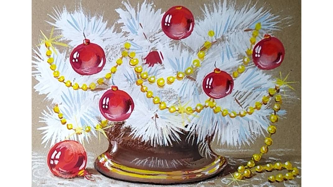 Как просто и красиво нарисовать Новогодний натюрморт используя зубную щетку. смотреть онлайн
