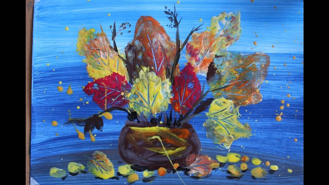 Как нарисовать букет Осенних листьев поэтапно гуашью. Нетрадиционная техника рисования. смотреть онлайн