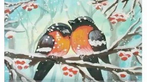 Как нарисовать снегиря на ветке рябины. Как нарисовать зимний пейзаж гуашью. Птичка нарисовать