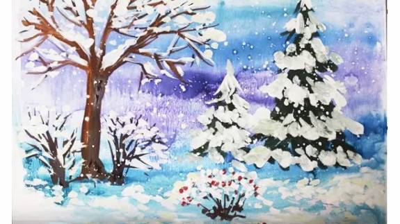 Как нарисовать Зиму. Зимний пейзаж гуашью. Видео уроки рисования для начинающих смотреть онлайн