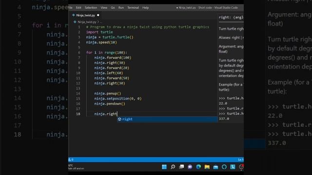 Program to draw a ninja twist using python turtle graphics |Vs Code | #shorts #python #pythonturtle смотреть онлайн