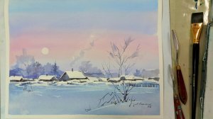 Морозный день, простой сюжет акварелью, подробный мастер-класс