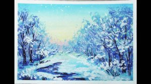Зимний пейзаж гуашью. Как нарисовать просто.