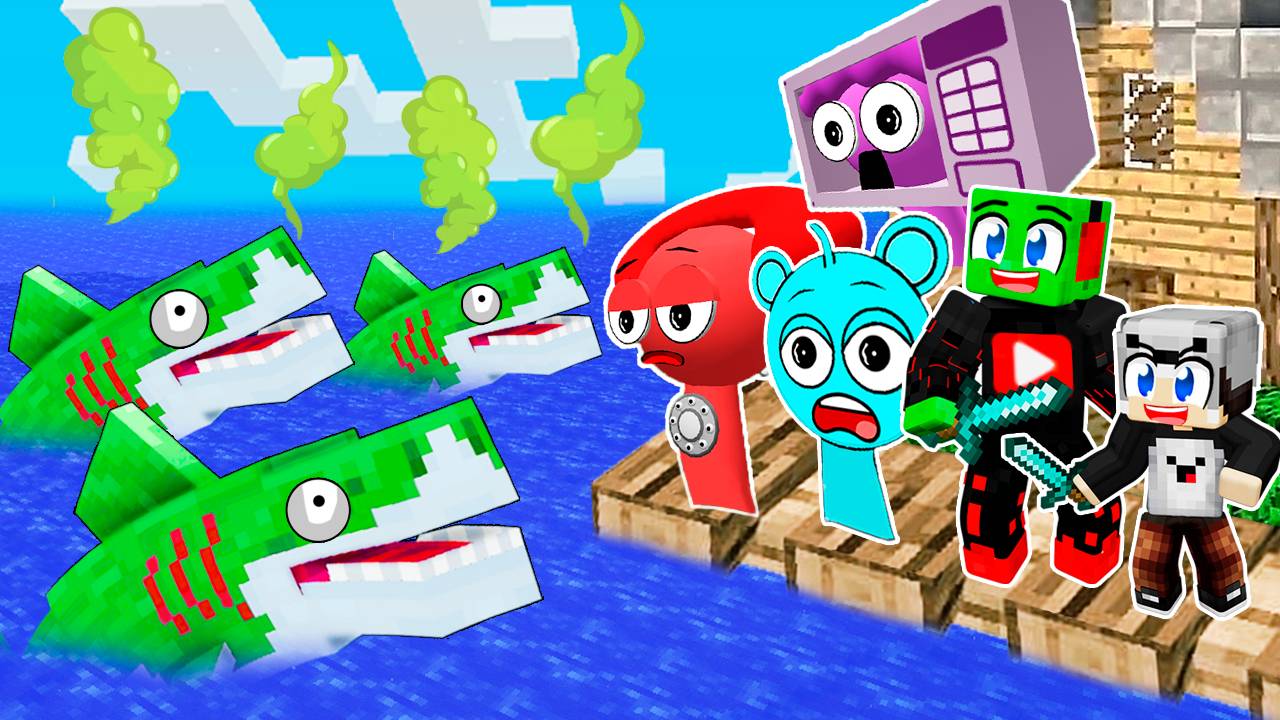 ПЫТАЕМСЯ ВЫЖИТЬ на ПЛОТУ со СПРУНКАМИ против ЗОМБИ АКУЛ в МАЙНКРАФТ смотреть онлайн