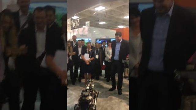 Boston Dynamics Robot SpotMini With Sprint CEO At MWC Americas