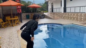 Wetlook sweatshirt | Wetlook girl get wet in outdoor pool fully dressed | Wetlook swim and have fun