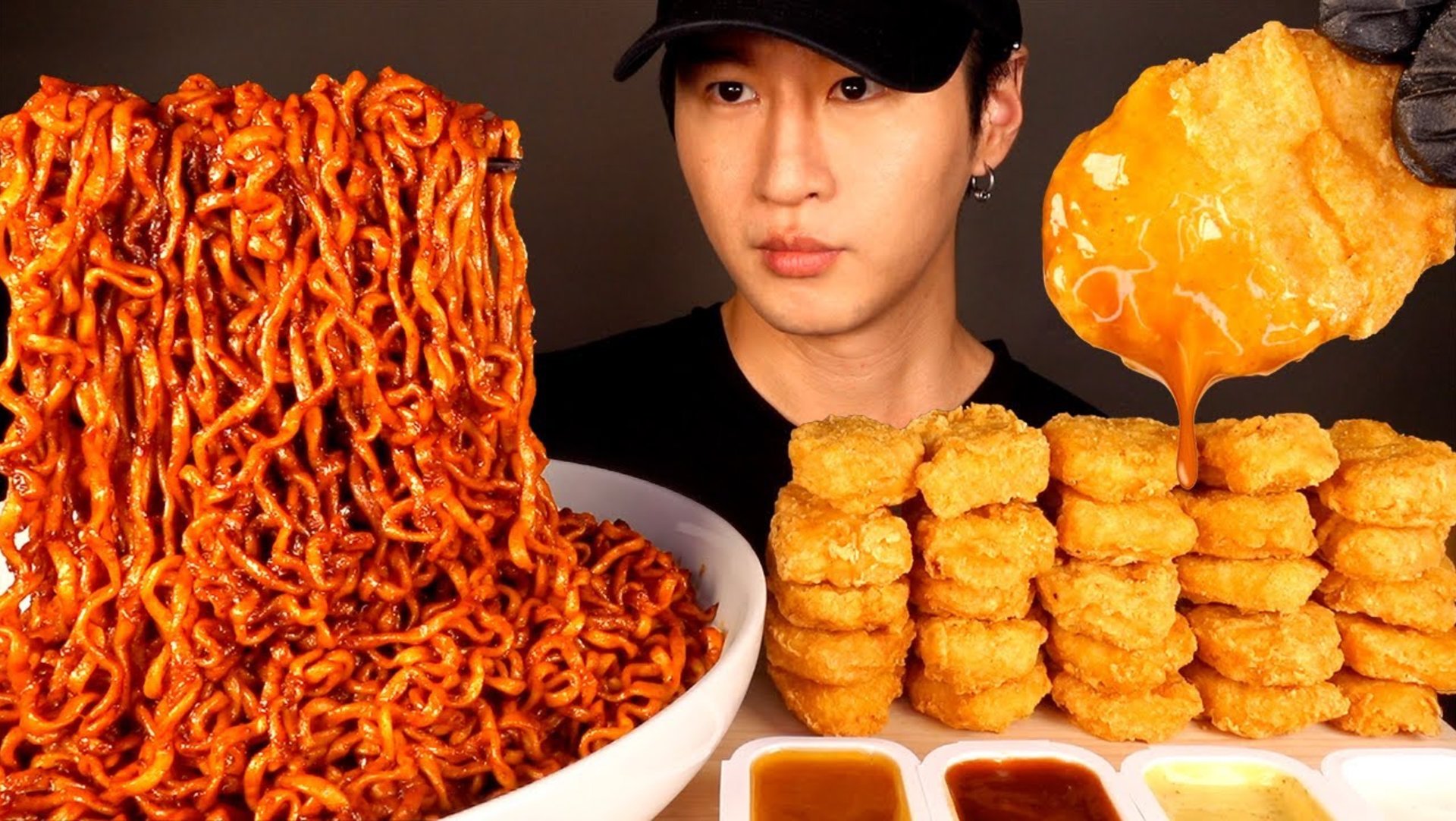 ASMR MUKBANG BLACK BEAN FIRE NOODLES & CHICKEN NUGGETS (No Talking) EATING SOUNDS смотреть онлайн