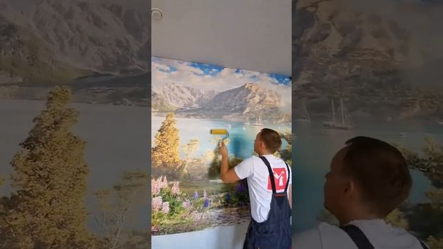 Фотообои пейзаж цветущая поляна с видом на горное озеро (7-071) Монтаж бесшовных обоев смотреть онлайн