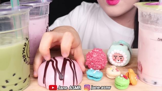 ASMR BUBBLE TEA *GREEN TEA, STRAWBERRY YOGURT, BOBA MILK TEA 녹차 버블티, 딸기 요거트 버블티 먹방 JANE ASMR 제인
