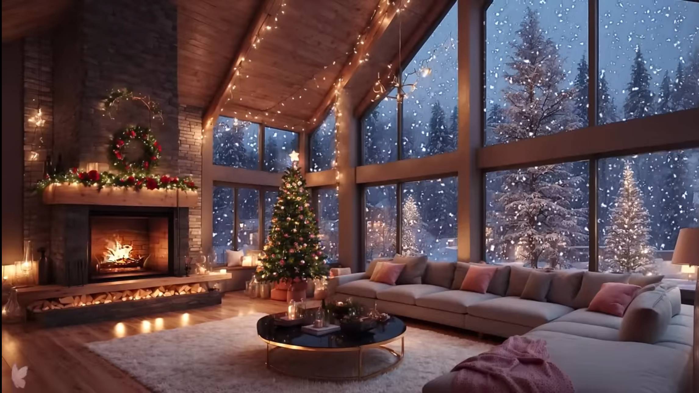 Камин и снегопад в теплой рождественской атмосфере 🎄 Фоновая Расслабляющая Рождественская музыка смотреть онлайн