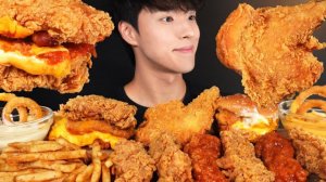 ASMR MUKBANG KFC FRIED CHICKEN & CHEESE CHICKEN BURGER & FRENCH FRIES & ONION RINGS EATING SOUNDS