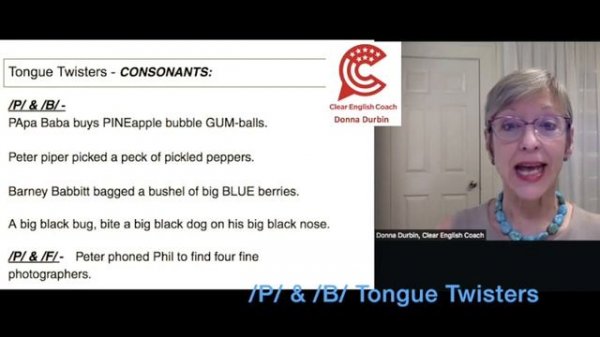 #pronunciation P/B Tongue Twister Exercises for American English w/Donna Durbin, Clear English Coac