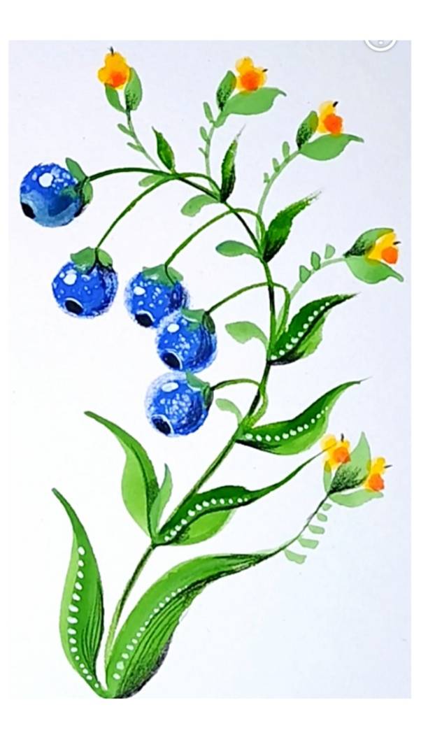 Ветка с голубыми ягодами. Рисунок гуашью. смотреть онлайн