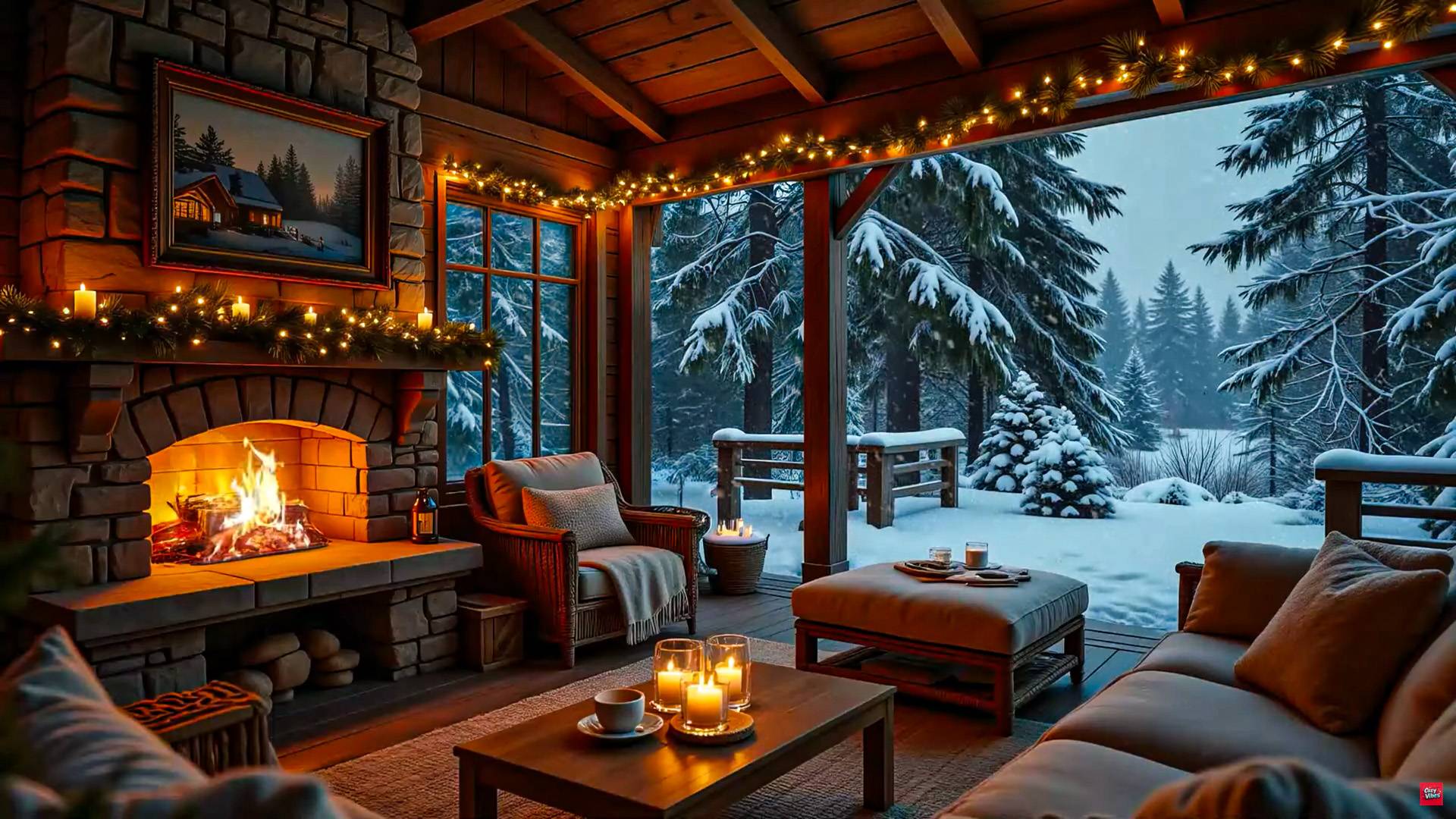 Уютная Атмосфера с Камином и Зимним Снегом | Успокаивающие Звуки для Рождественского Релакса смотреть онлайн