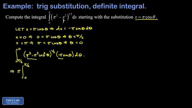 Integral of (pi^2-x^2)^(1/2) on zero to pi using a trig substitution let x=pi*cos(theta). смотреть онлайн