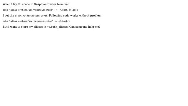 Why does 'echo "alias g=/home/user/examplescript" ＞＞ ~/.bash_aliases' produce this error: "no... смотреть онлайн