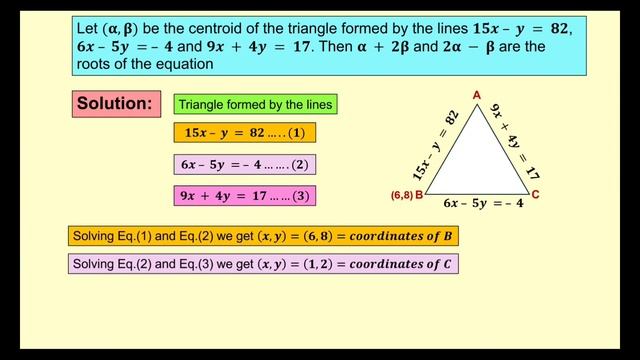 Let (α, β) be the centroid of the triangle formed by the lines 15x – y = 82, 6x – 5y = – 4 and 9x + смотреть онлайн