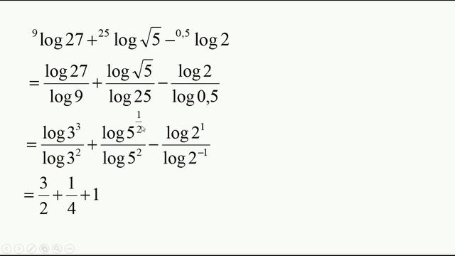 nilai dari 9 log 27 + 25 log akar 5 – 0,5 log 2 = …. смотреть онлайн
