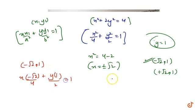Fine the equation of the tangent to the ellipse `x^2+2y^2=4` at the point where ordinate is 1 смотреть онлайн