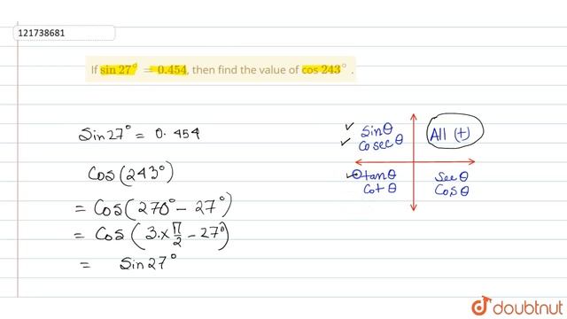 If `sin27^(@)=0.454`, then find the value of cos `243^(@)` . смотреть онлайн